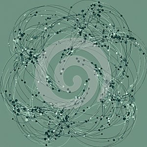 Abstract artwork featuring a swirling pattern of interconnected lines and dots on a