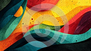 Abstract artwork featuring vibrant, overlapping waves in shades of teal, yellow, red,