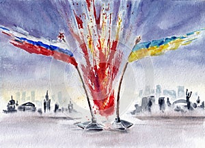 Abstract artwork with flags and eplosion symbolised military conflict between Russia and Ukraine. Hand drawn watercolors on paper