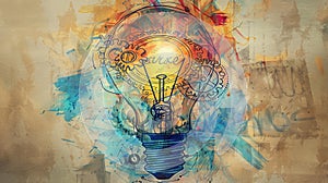 Abstract artwork of light bulb with creative concept gears
