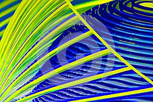 An abstract artwork with yellow and blue lines