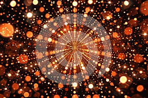 Abstract asymmetric orange light burst on dark background with peach and golden sparkles