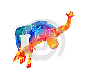 Abstract athlete jumps in height from splash of watercolors photo
