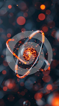abstract atom model with glowing core and orbits in a bokeh background