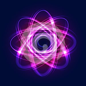 Abstract atom from particles, abstract light background. Blue purple shining cosmic atom model. Vector Eps10