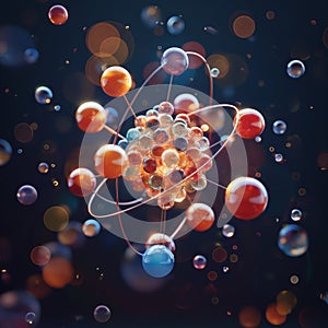 Abstract Atomic Structure with Dynamic Particles. Electrons orbiting the nucleus, symbolizing a complex molecular structure