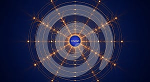 Abstract atomic structure with glowing orbits and electrons in space