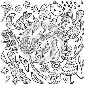 Abstract Australian animals, flowers and leaves set. Vector linear drawing