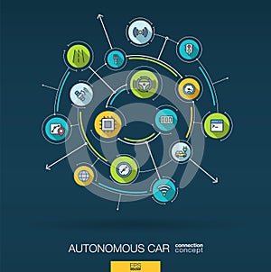 Abstract autonomous electric car, self-driving, autopilot background. Digital connect system with integrated circles photo