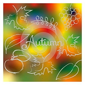 Abstract Autumn background in bright colors with leaves and fruits painted with watercolor.