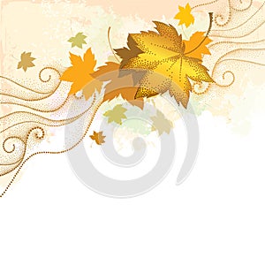 Abstract autumn background with dotted maple leaves and dotted swirls on the textured beige backdrop.