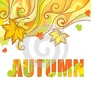 Abstract autumn background with dotted maple leaves, dotted swirls, waves and the word Autumn on white.