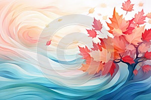 Abstract autumn background with falling red and orange maple leaves flying away into distance, carried away by wind in