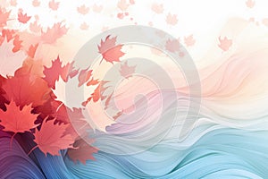 Abstract autumn background with falling red and orange maple leaves flying away into distance, carried away by wind in