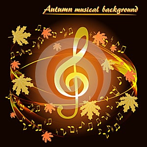 Abstract autumn background with music notes and a treble clef