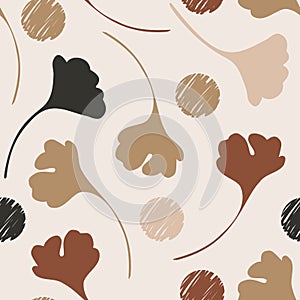 Abstract autumn foliage seamless pattern with natural leaf silhouettes, geometric shapes in minimal style