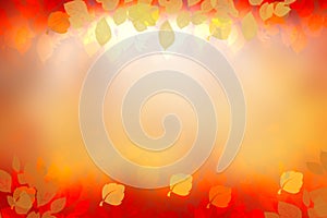 Abstract autumn gradient gold yellow orange bright background texture with leaves and bokeh circles. Indian summer. Card design
