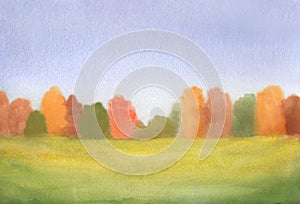 Autumn landscape with green yellow grass and multi color trees. watercolor hand drawn illustration