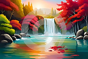 Abstract Autumn landscape with waterfall, forest, lake. sunrise and reflection, illustration, generative ai