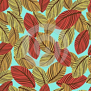 Abstract autumn leaves seamless pattern, vector background. Hand-drawn leaves on a blue background. For fabric design