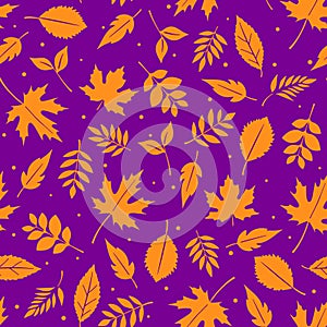 Abstract autumn leaves seamless pattern. Vector fall repeat texture with hand drawn orange leaf on purple background