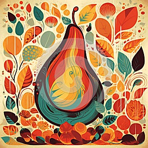 Abstract autumn picture of pear among red yellow leaves poster design background generative ai