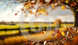 Abstract autumn scene and English country style house village on background, beautiful countryside nature with autumnal leaves and