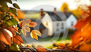 Abstract autumn scene and English country style house village on background, beautiful countryside nature with autumnal leaves and