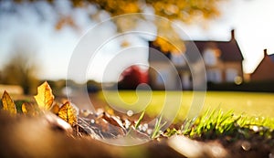 Abstract autumn scene and English country style house village on background, beautiful countryside nature with autumnal leaves and