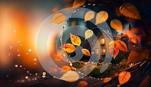 Abstract autumn scene and English country style house village on background, beautiful countryside nature with autumnal leaves and