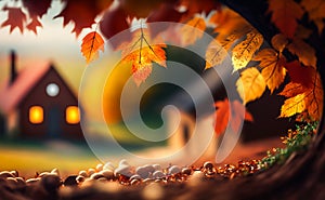 Abstract autumn scene and English country style house village on background, beautiful countryside nature with autumnal leaves and