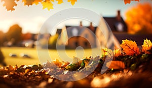 Abstract autumn scene and English country style house village on background, beautiful countryside nature with autumnal leaves and