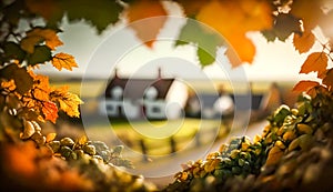 Abstract autumn scene and English country style house village on background, beautiful countryside nature with autumnal leaves and