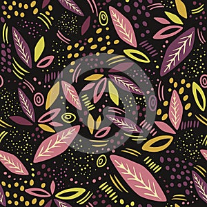 Abstract autumn seamless pattern with leaves. Vector black background for various surface