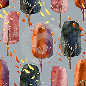 Abstract autumn trees with falling leaves, watercolor seamless pattern.