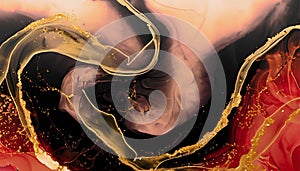 Abstract backdrop with mixing paint effect. Liquid acrylic picture with gold, red, black and white overflowing colors.