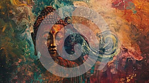 abstract backgound with buddha statue and paint style photo