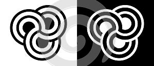 Abstract background with 3 circles and lines in spiral as logo, icon or design element. Black shape on a white background and the