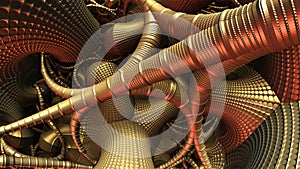 Abstract background 3D, fantastic ancient civilization architecture, gold metallic pipes