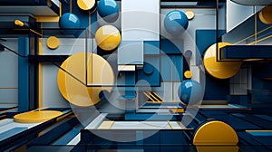 abstract background of 3D photorealistic gloss spheres and cuboid shapes in blue and yellow colors, neural network