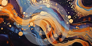 Abstract background of acrylic paint in blue, orange and yellow tones
