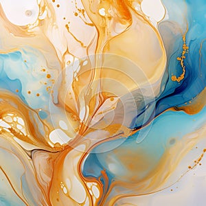 Abstract background of acrylic paint in blue, orange and yellow tones. Liquid marble texture