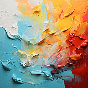 Abstract background of acrylic paint in blue, orange, yellow and whilte colors