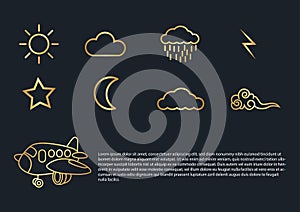 Abstract background,Airplane,clouds,moon,sun,rain,thunder,star,gold color,vector illustrations