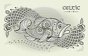 Abstract background with ancient Nordic decoration. Illustration of fantastic fish. Ethnic ornament with Celtic knot and triple