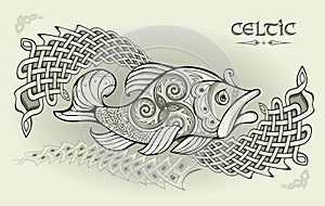 Abstract background with ancient Nordic decoration. Illustration of fantastic fish. Ethnic ornament with Celtic knot and triple photo