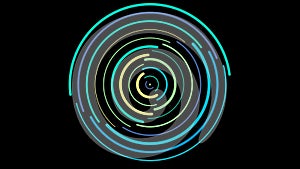 Abstract background with animation of arcs rotate endlessly in a circle seamless loop animation. Yellow, green, blue circles an