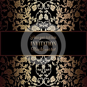 Abstract background with antique, luxury black and gold vintage frame, victorian banner, damask floral wallpaper ornaments