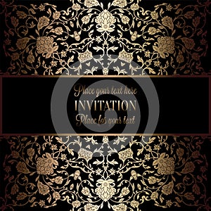 Abstract background with antique, luxury black and gold vintage frame, victorian banner, damask floral wallpaper ornaments