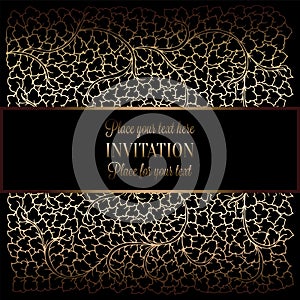 Abstract background with antique, luxury black and gold vintage frame, victorian banner, damask floral wallpaper ornaments